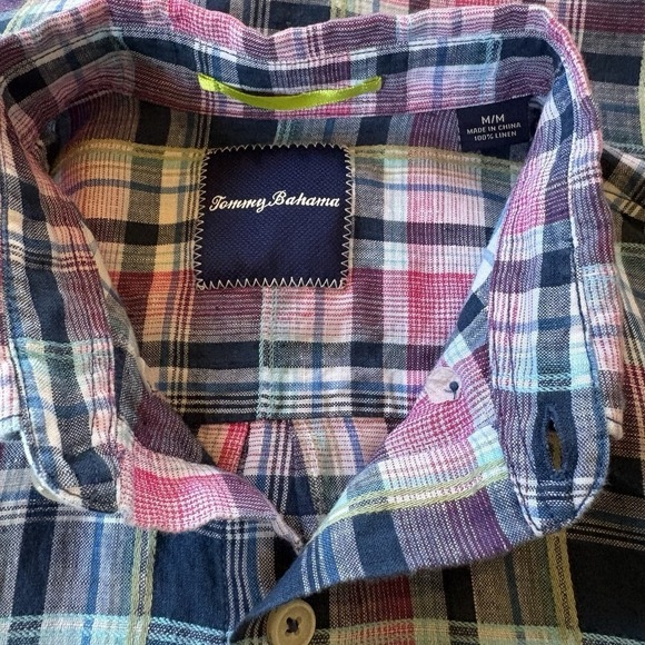 Tommy Bahama Mens Medium 100% Linen Plaid Button Shirt Pink Blue Teal - Picture 4 of 14